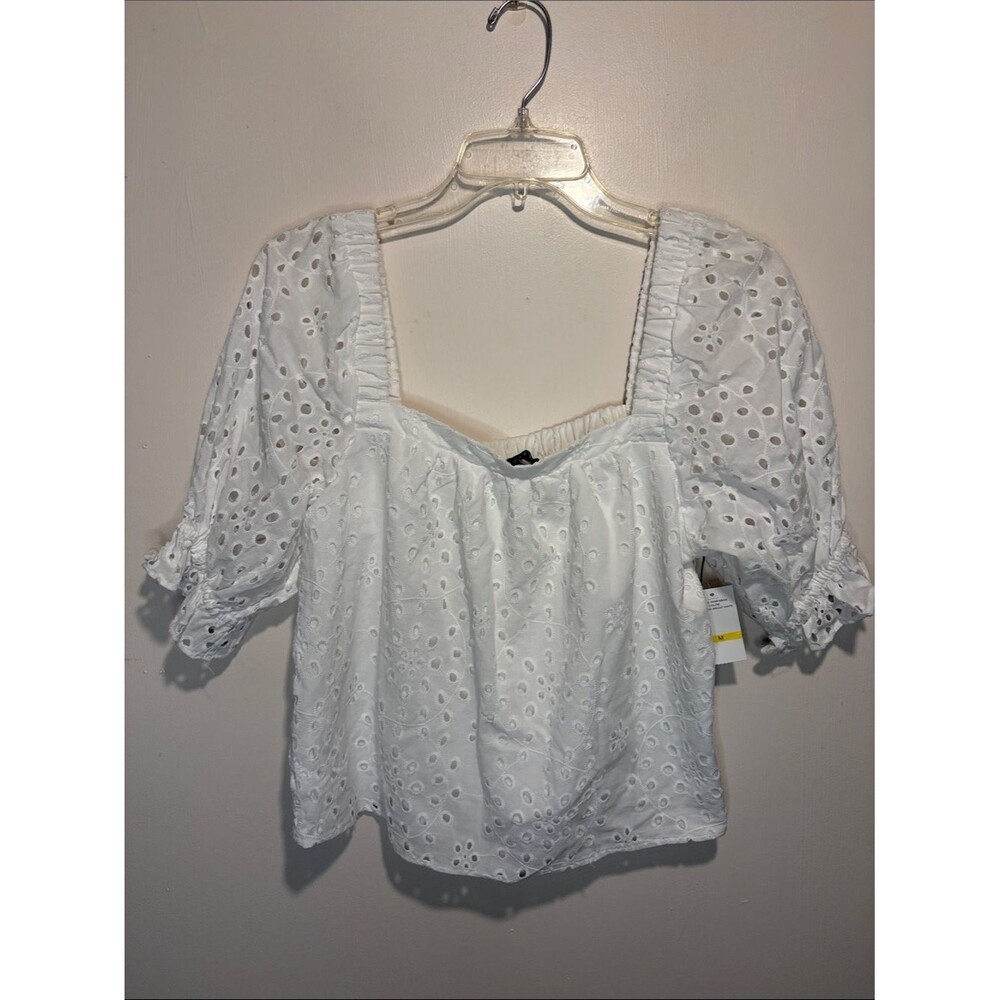 1.State NWT White Eyelet Puff Sleeve Square Neck Crop Delicate Blouse Top SZ M